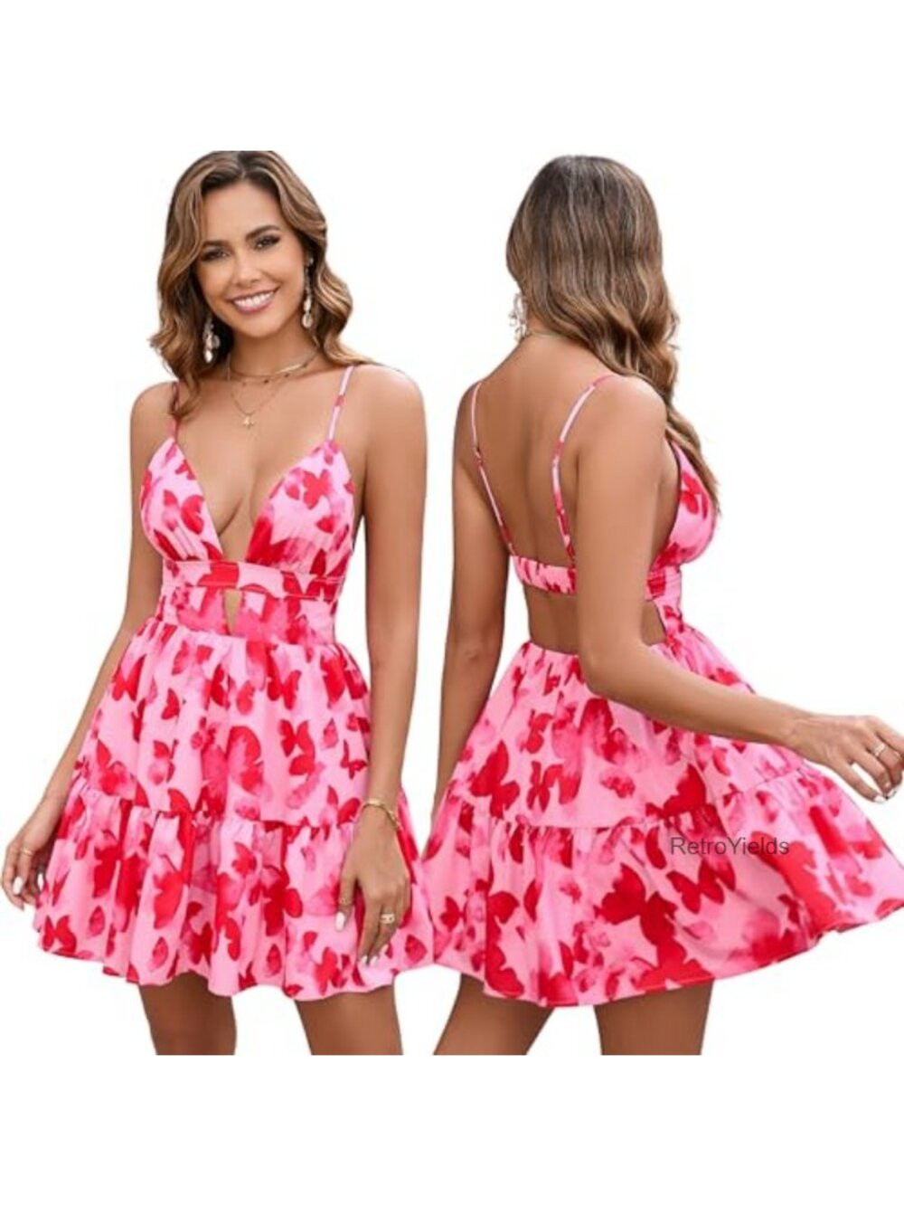 Parthea Women's Boho Floral Mini Dress Spaghetti Strap V Neck A Line Beach